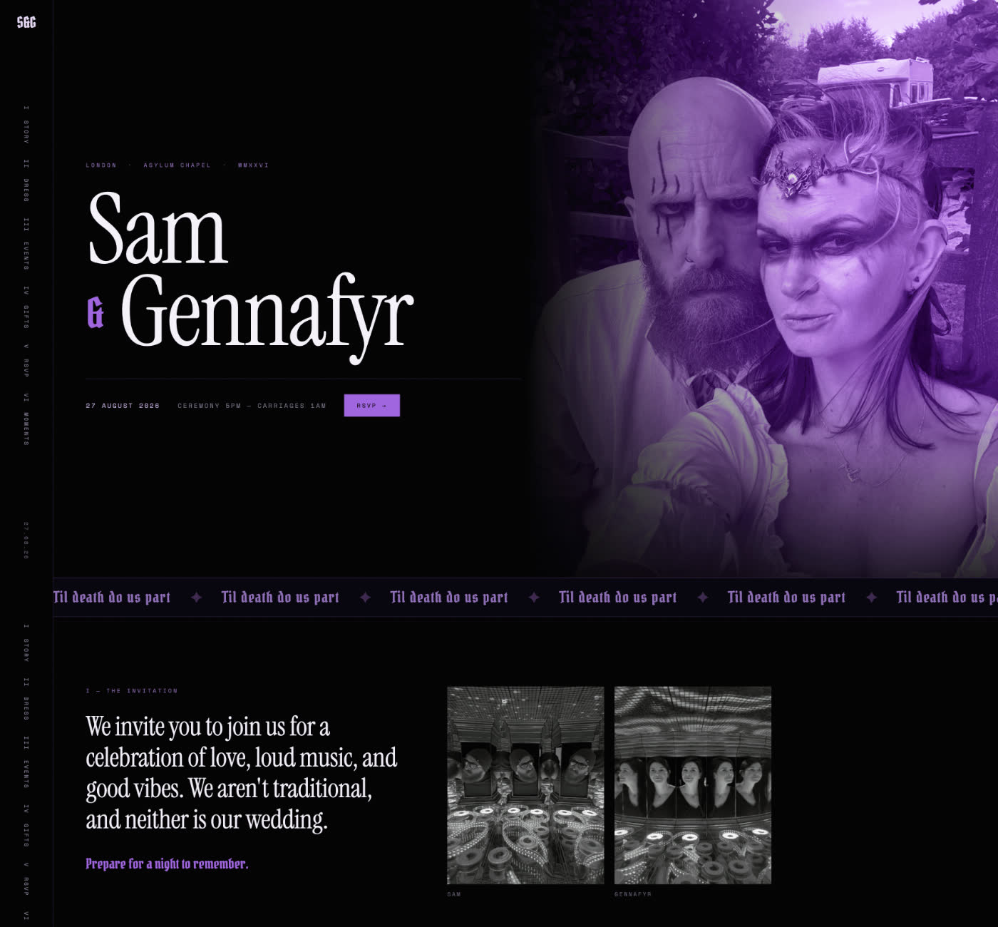 Sam and Gennafyr's wedding site: a dark page washed in purple, their names set huge in a serif, over a full-bleed photograph of the two of them.